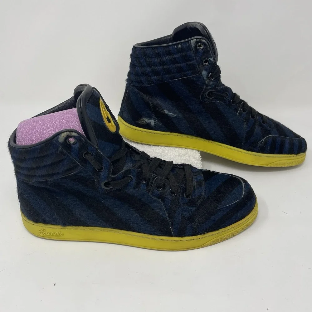 Gucci Mens Blue Black Calf Hair Leather High Top Limited Shoe Sneaker UK6.5 US 7